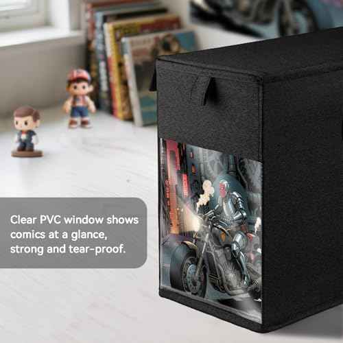 4 Pack Comic Book Storage Box with Lid for Modern Age, Collapsible Magazine Organizer with Clear Window, Holds 150 Comic Books Heavy Duty Case Container Holder, Black