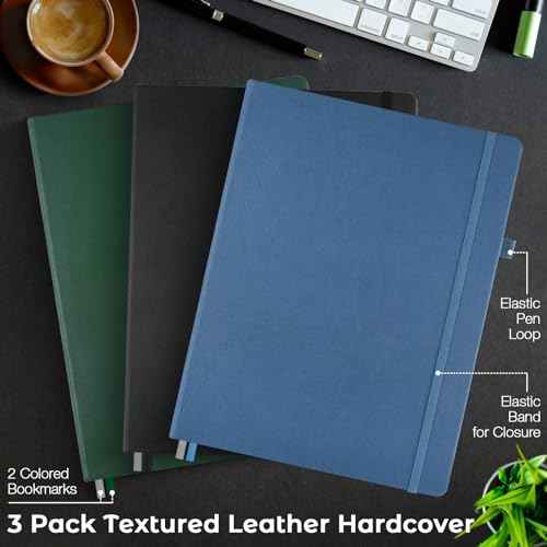 3 Pack College Ruled Notebook, A4 Hardcover Leather Notebook for Work, Lined Notebook Journal for Women, Men, 192 Thick Paper, 8.5" x 11", Large Notebook, Professional Business Notebook, Multicolor