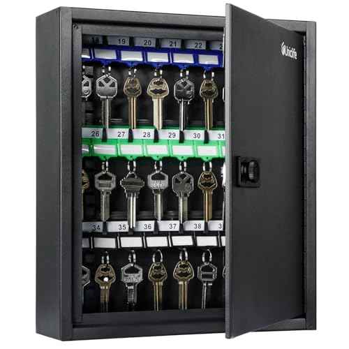Uniclife 40 Position Key Cabinet with Combination Lock Resettable Black Digital Security Storage Box Steel Key Organizer with Adjustable Racks Colorful Key Tag Labels and Hooks