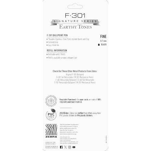 Zebra Pen F-301 Signature Series Retractable Ballpoint Pen, 0.7mm, Black Ink, Durable Stainless-Steel Barrel with Earthy Tones Accents, Assorted Barrel Accents, 4-Pack (27304)