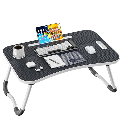 Black Folding Laptop Bed Desk 23.6 Inch Wood Portable Table with Cup Holder