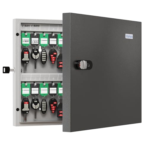 WeHere Key Lock Box Wall Mount, 48 Key Cabinet Security Combination Lockbox with Key Tags, Digital Code Heavy Duty Key Organizer Storage,Key Management for Garage,Office,Holtel,School,Store