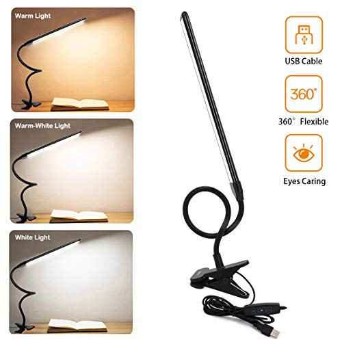 Clamp on Lamp, Clip Light, Desk Lamps 3 Color Temperature Setting, 10 Brightness Levels, 2m USB Cord Power Supply and AC Adapter Included, Pack of 2 (Black)