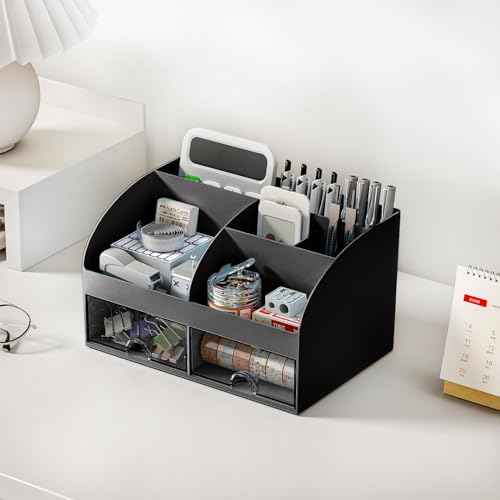 Desk Organizer with 6 Compartments and 2 Drawers, Plastic Makeup Organizer, Pen Holder for Desktop Storage, Desk Organization for School, Home, Office Supplies (Black)