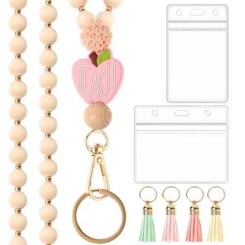 Teacher Gifts Lanyard with ID Holder Cute Wooden Beaded Lanyards for ID Card Badges Holder Boho Tassel Key Ring for Women