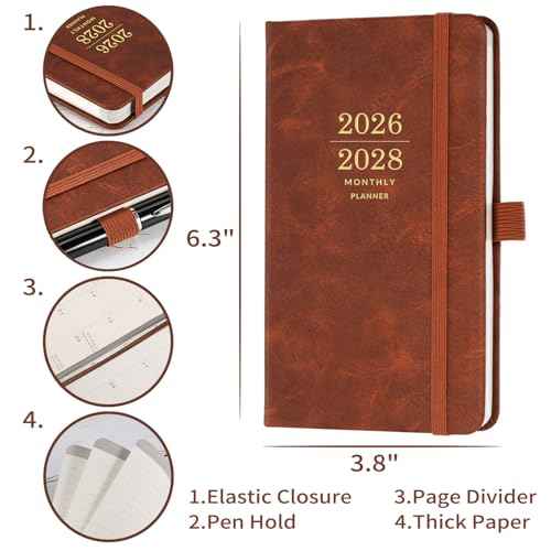 2026-2028 Monthly Pocket Planner - 3 Year Calendar, Faux Leather Cover, JAN 2026 - DEC 2028, 3.8" ¡¿ 6.3", Pen Holder, 2 Bookmarks, Back Pocket
