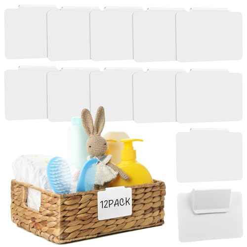 12pcs White Basket Labels Clip On for Storage Bins, Removable PVC Labels for Baskets with Holders, 3.5x2.7 Inches