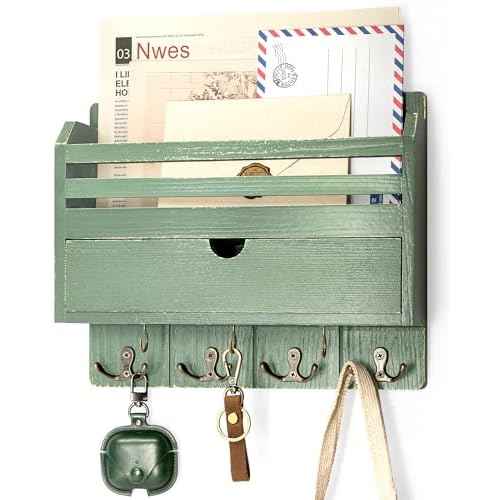 Rebee Vision Pine Wood Mail and Key Organizer for Wall ? Farmhouse Mail Organizer Wall Mounted with 7 Sturdy Hooks & Drawer Storage ? Apartment Essentials for Stylish Home Decor (Green)