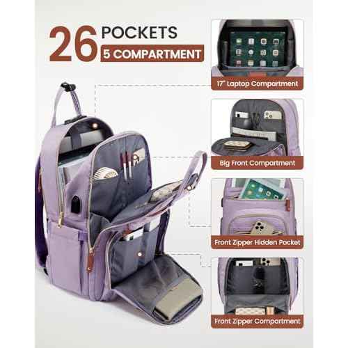 LOVEVOOK Laptop Backpack Purse for Women, Unisex Large Capacity 17 Inch Travel Anti-theft Bag, Work Business Computer Bags backpack, Casual Hiking Daypack with Lock, Light Purple