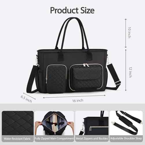 Women Laptop Tote Bag with Insulated Lunch Compartment,15.6'' Teacher Work Computer Bag,Large Water-Resistant Messenger Shoulder Bag with Multi Pockets for Office/College/Travel-Black