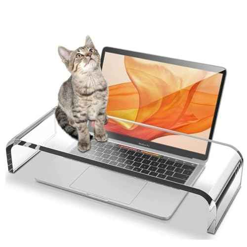 Acrylic Cat-Proof Laptop Stand & Keyboard Protector - 16" Clear Monitor Riser with Non-Slip Base for Home Office, Ergonomic Desk Organizer (Supports 60lbs)