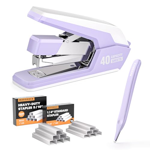 Effortless Stapler for Desk with 40-50 Sheet Capacity, 2000 Staples, 1-Touch Stapling, Ergonomic & Easy to Load Desktop Staplers, Heavy Duty Stapler, and Magnetic Staple Remover, Purple