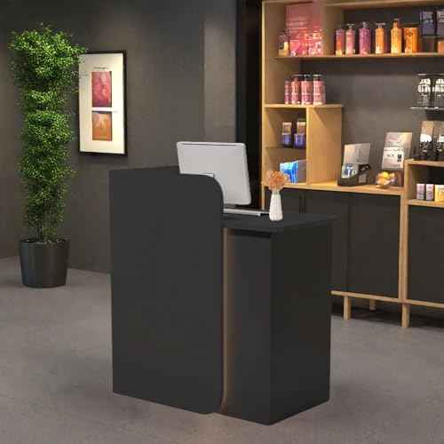 Modern Reception Desk with Curved Privacy Panel & LED Light Strip, Lockable Drawers, 6 Color Options Front Counter Desk, Retail Checkout Counter for Salon, Office, Boutique(Black)