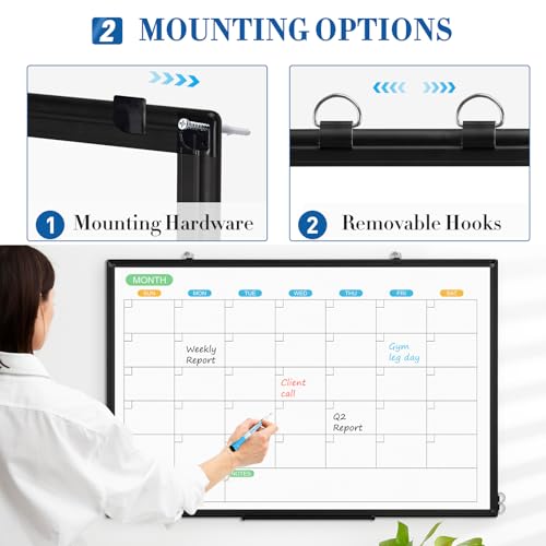WALGLASS 36x24 Inch Double-Sided Black Frame Dry Erase Calendar Whiteboard Wall Organizer