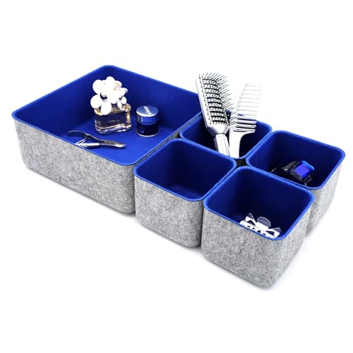 Welaxy Desk Drawer Organizers Storage bins Set Home Office Pen holder phone stand Remote controller Closet Cabinet boxes decluttering 5-piece gifts idea (Royal Blue)