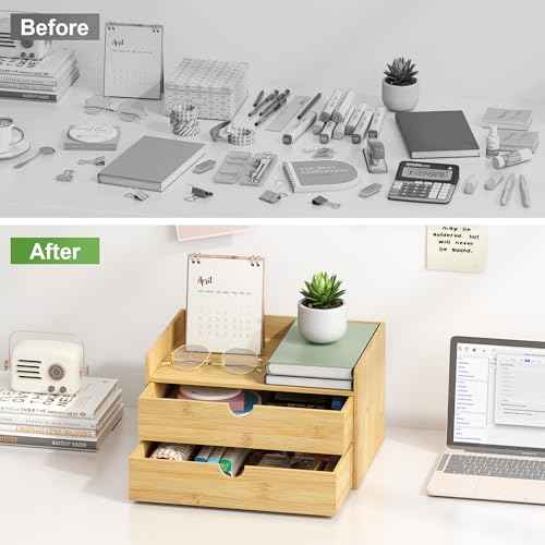 Desk Organizer with Drawers - Bamboo Desktop Organizer Storage | Wood Desk Drawers Organizer for Bills, Office Supplies, Cosmetics, Seals No Assembly Required (2 Drawer)