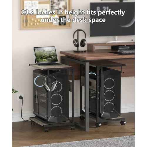 2 Tier Computer Tower Stand with Charging Station, 11.8"D x 16.5"W Rolling Floor PC Tower Stand Fits Under Desk, CPU Holder Cart for Carpet with Hooks, C Shaped End Table for Home Office