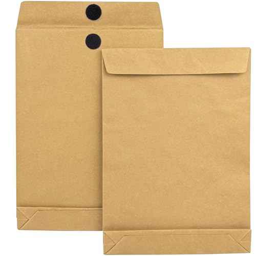 50 Pack Expandable Large Kraft Envelopes, 9.3" x 13" Big Mailing Envelopes Hook-and-Loop Closure Anti Tear Catalog Envelopes for Business Office Paper Documents File Storage - Brown