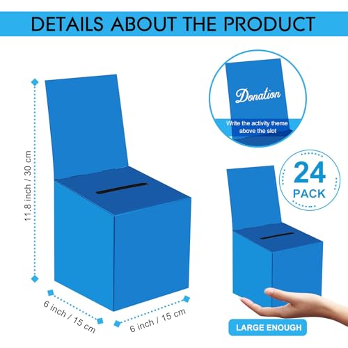 Blue 24 Pack Raffle Boxes with Slot - 6x6x6 Inch Cardboard Suggestion & Voting Box