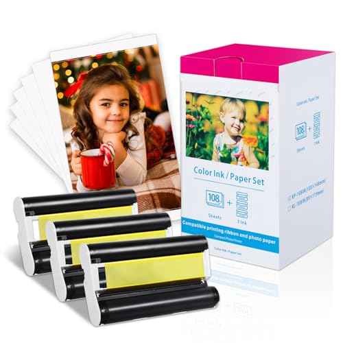 Compatible Canon Selphy CP1500 CP1300 Paper and Ink, KP-108IN 3 Color Ink Cartridges and108 Sheets 4x6 Photo Paper 3xKP-36IP for Selphy CP1200 CP910 CP800 CP780 CP740 Compact Photo Printers