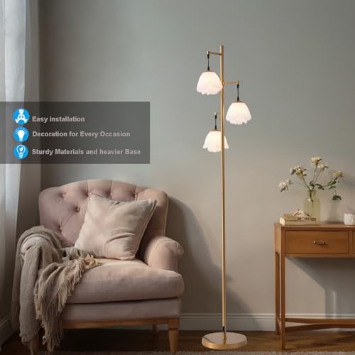Fiqevs Flower Floor Lamp for Living Room, Mid Century Gold Floor Lamp with 3 Floral Shades and Bulbs Included, Elegant Standing Tree Lamp for Kids Room, Bedroom Office - Antique Brass