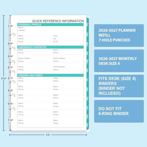 2026-2027 Monthly Planner Refill - Planner Inserts with 7-Hole Punched, 5-1/2" x 8-1/2", Runs from January 2026 to December 2027, Two Pages Per Month, Monthly Calendar with Tabs