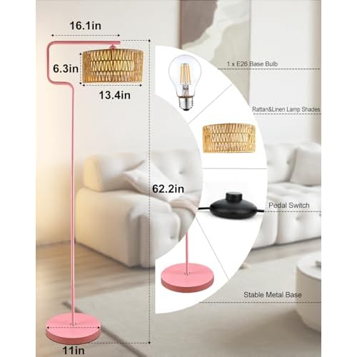 Lightdot 62IN Arc Rattan Floor Lamps for Living Room, Boho Standing Lamp with Rattan& Linen Double Lampshades, E26 3000K Soft Warm White Bohemian Caged Floor Lamp for Bedroom, Office-Pink