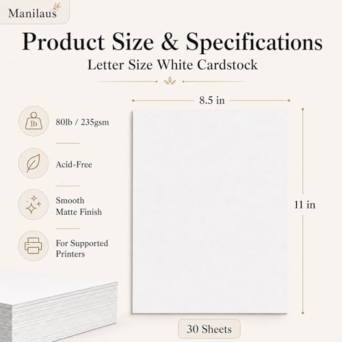 White Cardstock 8.5 x 11 / 8 1/2" x 11" Heavy 80 lb, 30 Sheets - Manilaus
