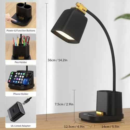 Desk Lamp for Home Office, with USB Charging Port & Pen Holder, Touch Control Dimmable, Perfect for Study, Reading, Work - Black