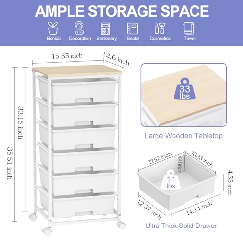 Rolling Storage Cart with Drawers,Utility Cart with 6 Large Drawers and Wooden Tabletop,Craft Storage Cart with Lockable Wheels for Bedroom, Office, Classroom, Kids'Room, Living Room (White)