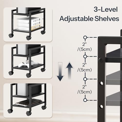 HOOBRO PC Stand, 2-Tier PC Tower Stand Fits Most Computer Towers, CPU Holder for Floor, Height Adjustable, CPU Stand with Wheels Under Desk, for Home Office, Black BB11CJ01