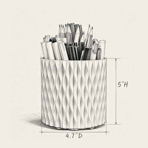 Lebenrich White Rotating Pen Holder for Desk, 5 Compartments, Water Ripple Design