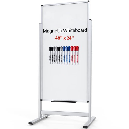 VIZ-PRO Double-Sided Magnetic Stand Whiteboard 48 X 24 Inches, Aluminium Frame & Stand, with 12-Count Markers