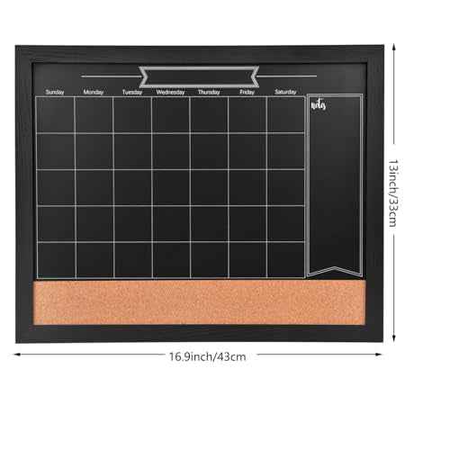 TORASO Magnetic Chalkboard Calendar Corkboard, Small Combination Chalk Board Bulletin Board, 13" x 17",Black Wood Framed Blackboard Calendar Cork Combo Board(ZHHB-BK-3343)
