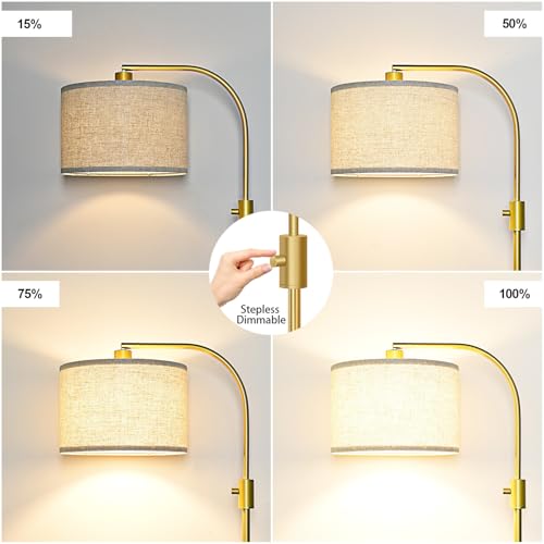 Nintiue Gold Linen Shade Modern Arc Floor Lamp with Dimmable LED Bulb Included