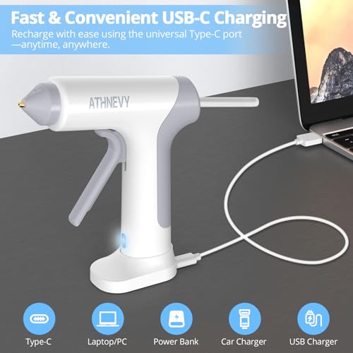 Athnevy White Cordless Hot Glue Gun, 4V Fast 10s Preheat, 30×7mm Sticks, USB-C