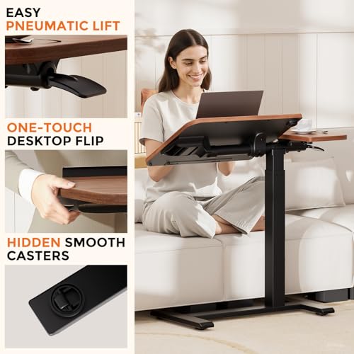 Walnut Tiltable Mobile Standing Desk with Pneumatic Height Adjustment & Wheels