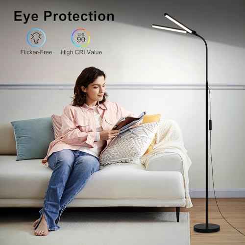 LED Floor Lamp, 18W/2000LM Bright Reading Floor Lamp for Office with Double Head, Adjustable Gooseneck Dimmable Modern Standing Light for Lash Extension Craft, Eye Caring Floor Lamps for Living Room