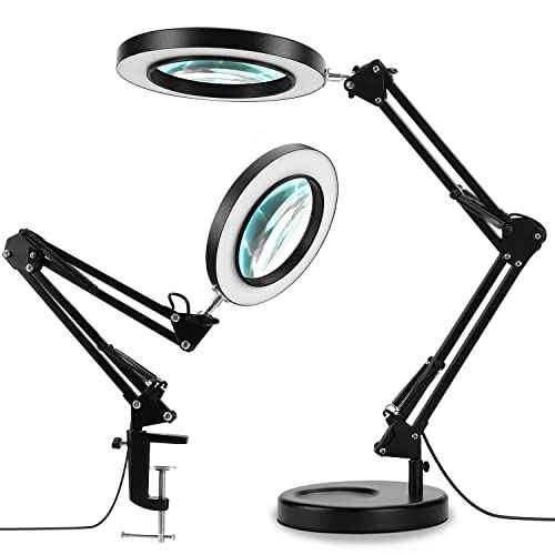 LANCOSC 2-in-1 Magnifying Glass with Light and Stand, 5X Real Glass Lens, 3 Color Modes Stepless Dimmable, Magnifying Desk Lamp & Clamp, LED Lighted Magnifier for Repair, Reading, Crafts, Close Works