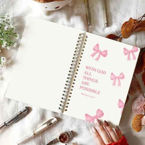 Bible Journal for Women, Christian Gifts for Women Girls, Prayer Bible Study Supplies Journaling Notebook, Cute Preppy daily devotional, Coquette Pink Bow Hardcover Spiral Notebook 5.5 x 8.3