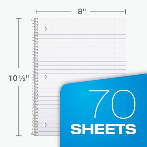 6 Pack Wide Ruled Spiral Notebooks - 8 x 10.5 Inches, Assorted Colors, School Supplies