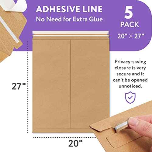 Natural Brown Kraft Rigid Mailers, 20 x 27 Inches. Pack of 5 Paperboard Envelopes. Sturdy Stay Flat Mailers with Self-Seal Closure. Recyclable Hard Envelopes for Mailing. Stayflat Mailer