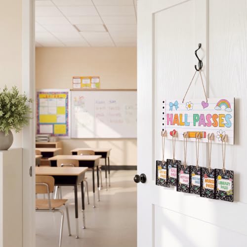Mooliwe Classroom Hall Passes Set - Pastel Wooden Sign & Student Passes
