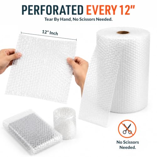 Wrapama Clear Small Bubble Wrap Roll 12in x 175ft - Pack of 1, Perforated Shipping & Packing Cushioning