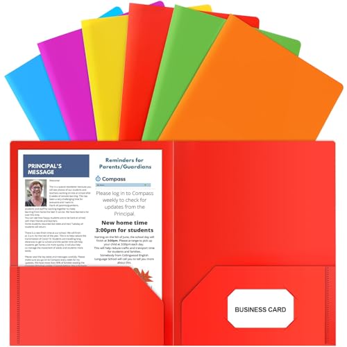 6 Pack Color Plastic Pocket Folders with Business Card Slots - Heavy Duty Office File Organizers