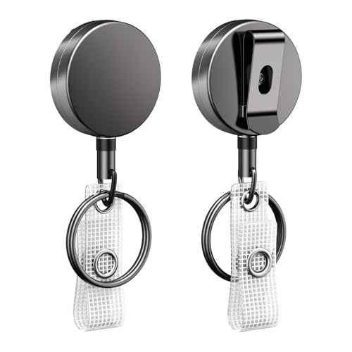Uniclife 2 Pack Heavy Duty Metal Retractable Badge Reel for Badge Holder Retractable Keychain All Metal Casing with Stainless Steel Spring Coil 23.6 Inch Nylon Rope Belt Clip and Key Ring
