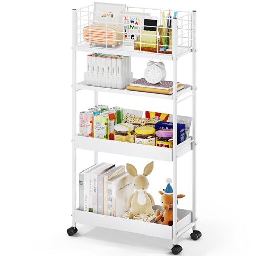 KINGRACK Slim Storage Cart, 4-Tier Metal Utility Rolling Cart with Wheels, Narrow Mobile Shelving Unit, Bathroom Storage Organizer, for Office, Kitchen Bathroom, Laundry Room, Narrow Places, White