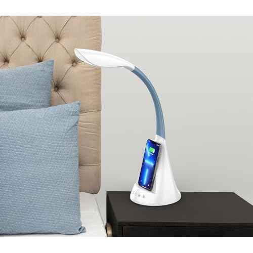 LED Desk Lamp with Wireless Charger, Modern Eye-Caring Dimmable Light for Home Office & College Dorm with 3 Color Modes, 5 Brightness, Touch Control, Adjustable Gooseneck, RGB & Night Light, White