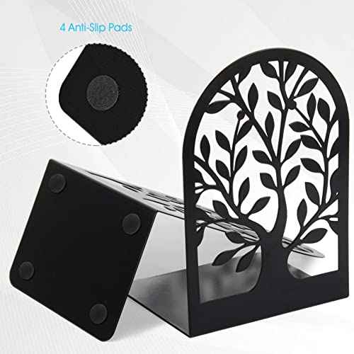 HappyHapi Book Ends, Metal Bookends for Shelves Decorative, Tree Stopper for Heavy Books, Black Ends to Hold Books for Home Office, 6.5 X 4.7 X 3.5 Inch(3 Pairs/6 Pcs, Large)
