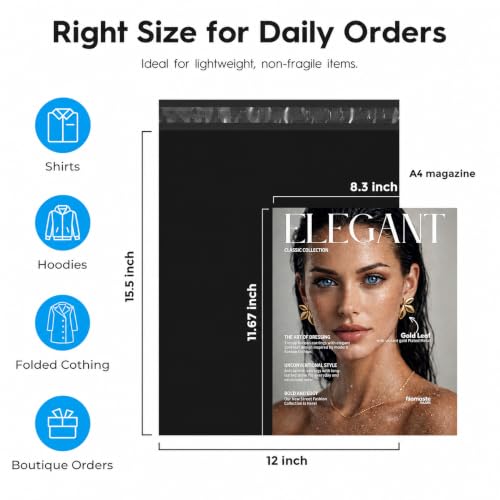 Fuxury Black Poly Mailers 12x15.5 Inches - 100 Pack Shipping Bags for Clothes